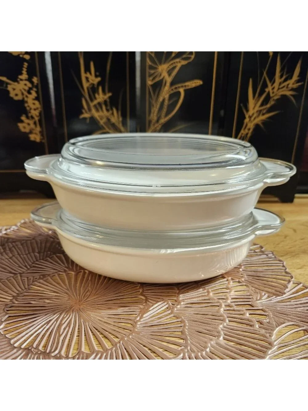 2- CorningWare P-14-B White Oval Casserole Dishes with Lids 14 oz